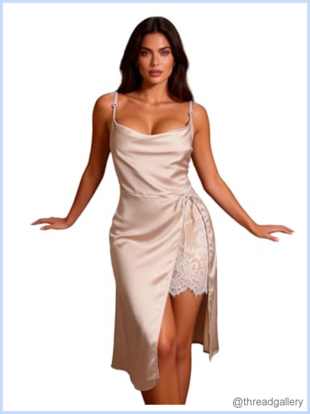 Satin Slip Chemise Nightgown Side Slit Cowl Neck Lingerie Dress